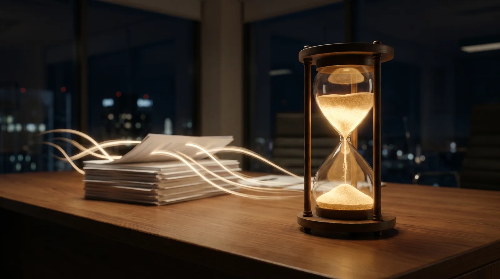 Golden hourglass on a night office desk with streams of light sorting paperwork — The Redeemed Front Office, AI tools and systems