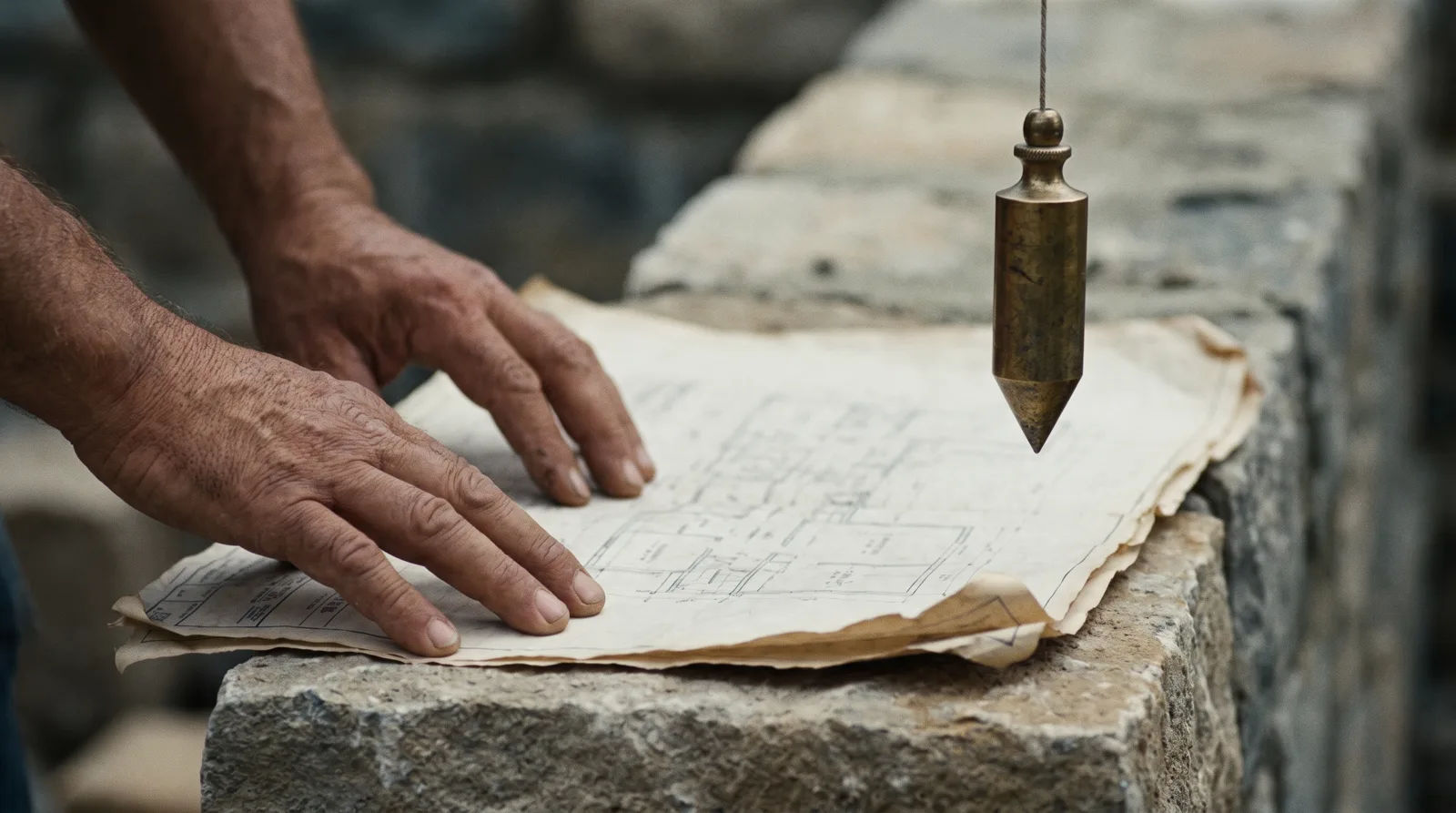 Builder's hands spreading blueprints over a stone foundation with a brass plumb line — The Master Builder, business coaching and systems