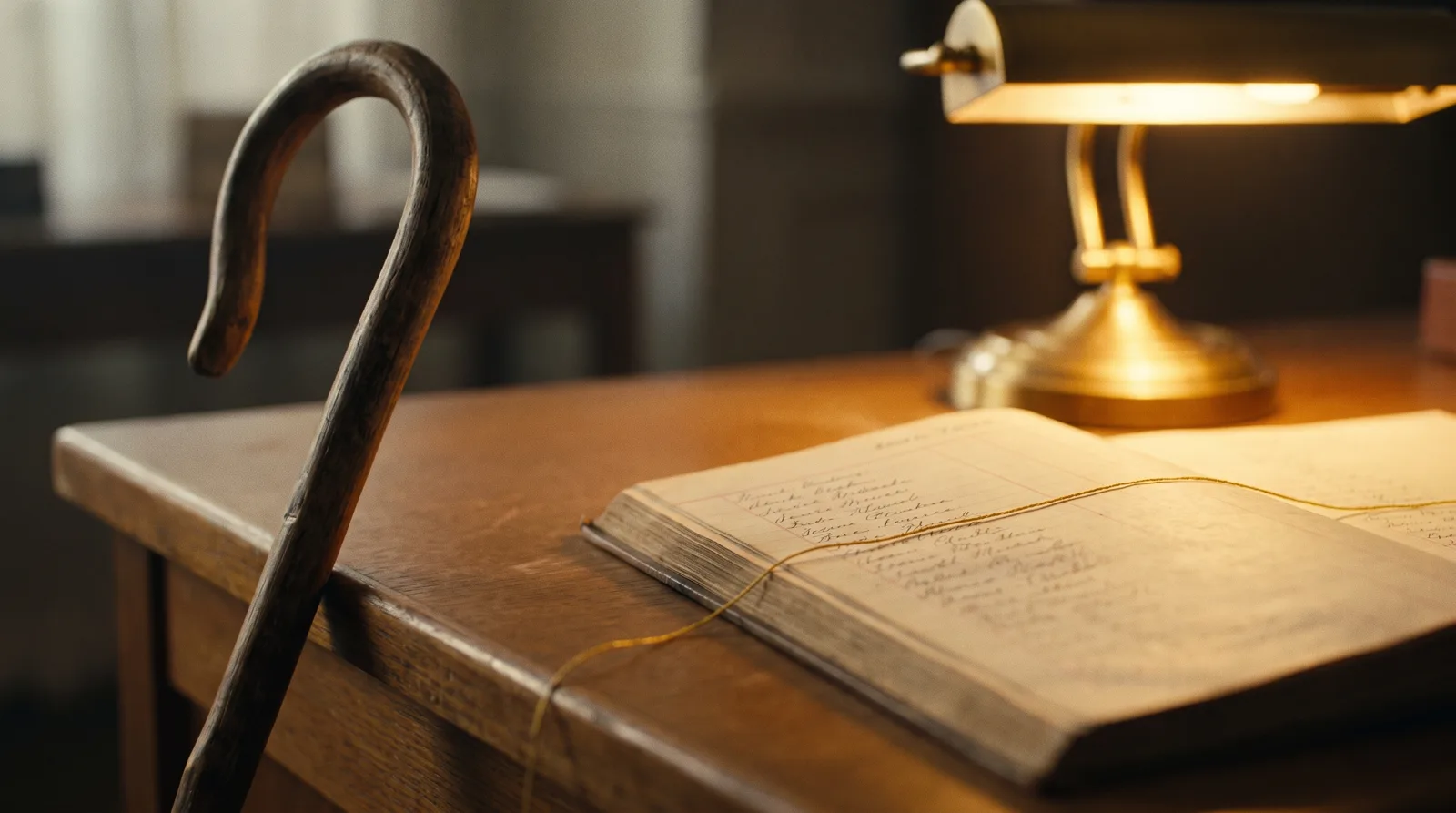 Shepherd's crook leaning beside a lamplit ledger of client names — Known by Name, CRM and follow-up automations