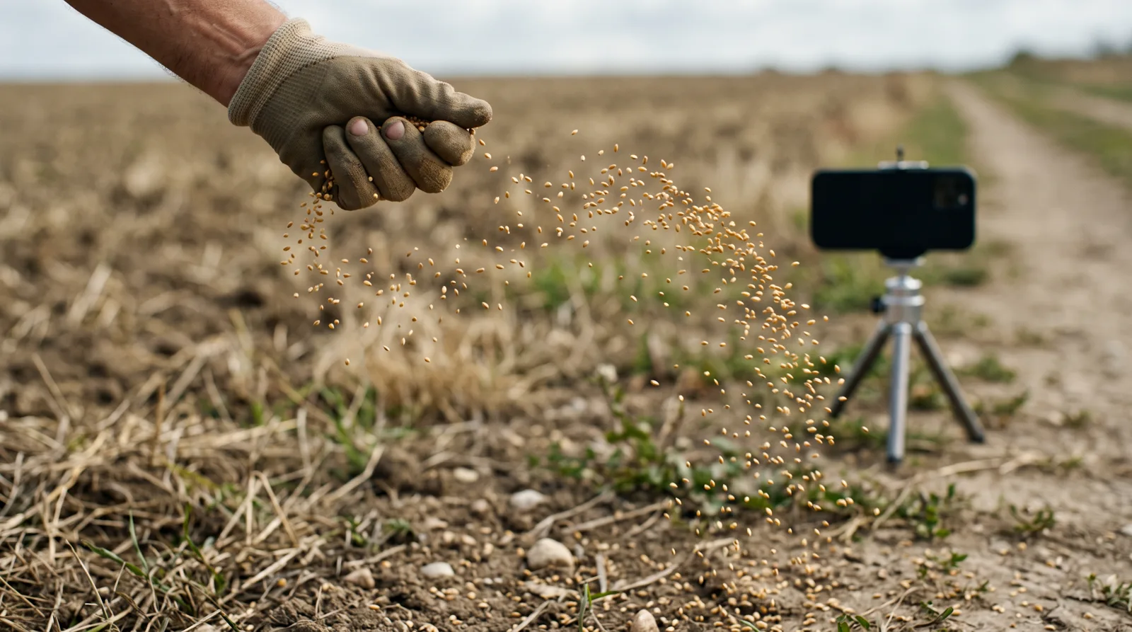 Hand scattering golden seeds across a field at sunset while a phone on a tripod films — The Sower's Feed, social media content production