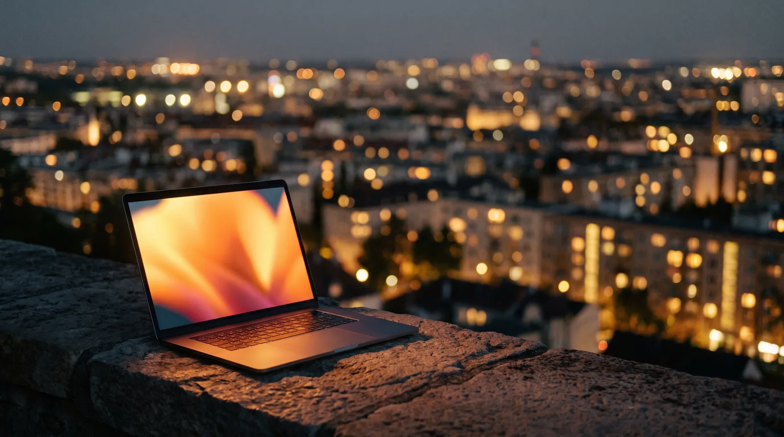 Glowing city on a hilltop at dusk beside an open laptop — The City on a Hill, website design for Christian businesses