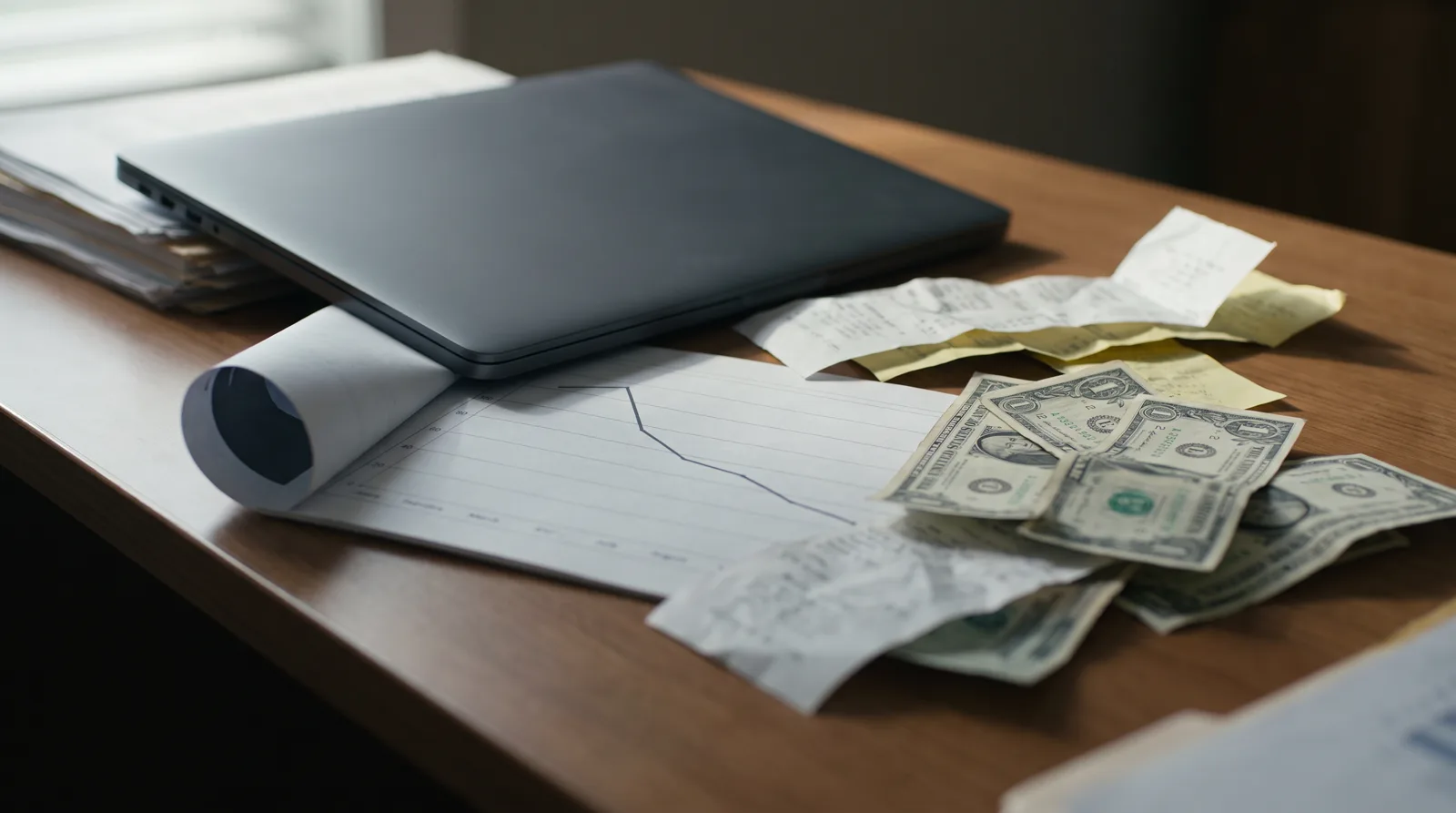 Cash and crumpled receipts scattered over a declining sales chart beside a closed laptop — marketing spend with no return