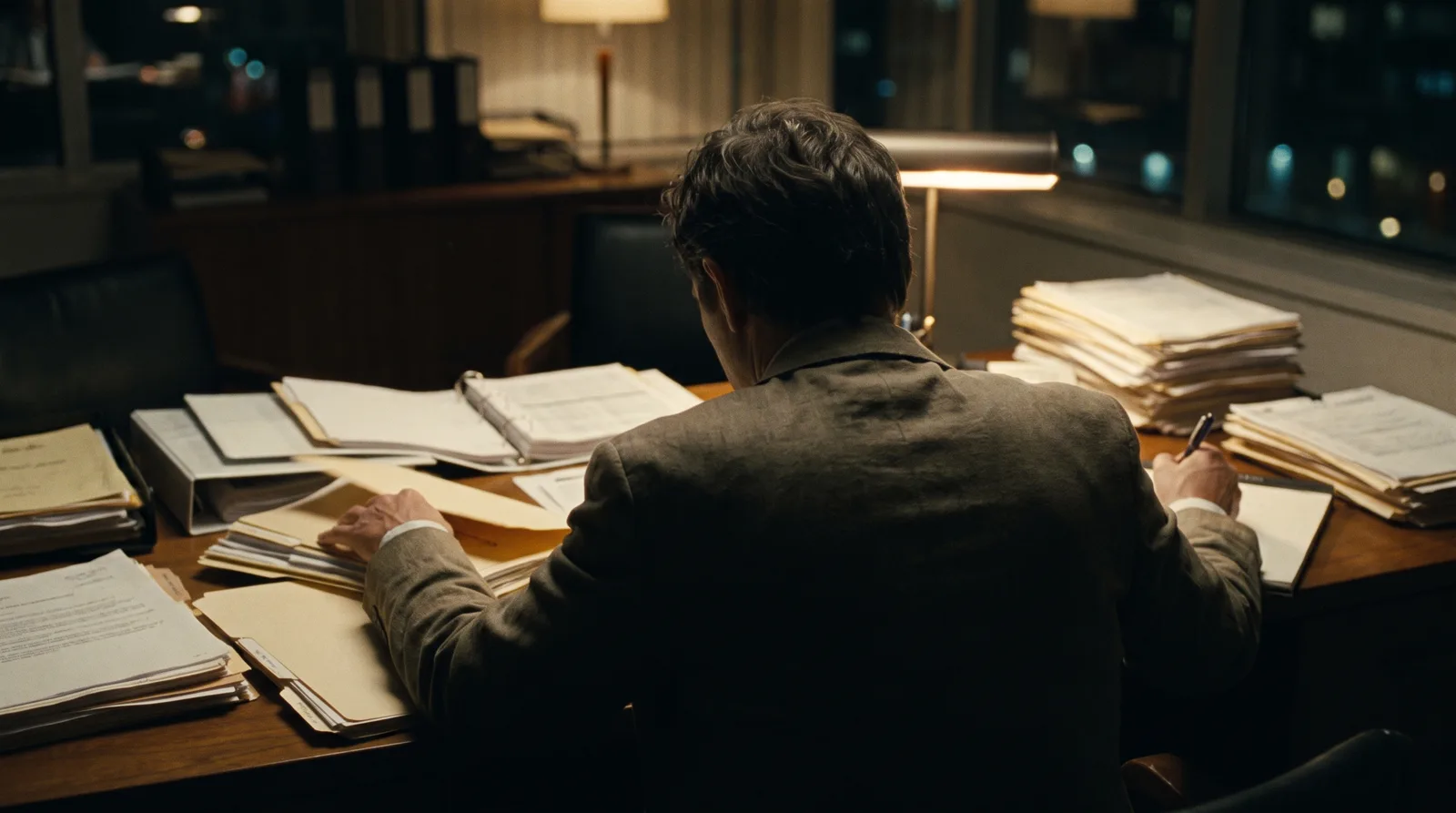 Business owner working late alone at a desk stacked with paperwork under a single lamp — the owner as the bottleneck