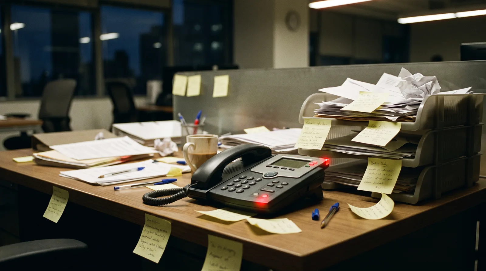 Unanswered office desk phone buried in sticky notes and overflowing paper trays — business leads slipping through the cracks