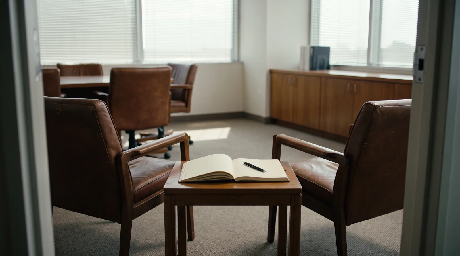 Empty meeting room with an open notebook after a sales pitch, sun cutting through blinds — sales that depend on winging it