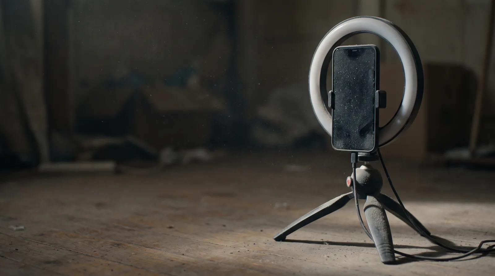 Phone on a tripod with a ring light standing dusty and unused in an office corner — social media content never filmed