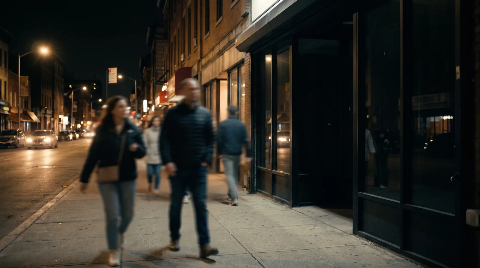 Dark, unlit storefront on a glowing evening street as people walk past — a business invisible online